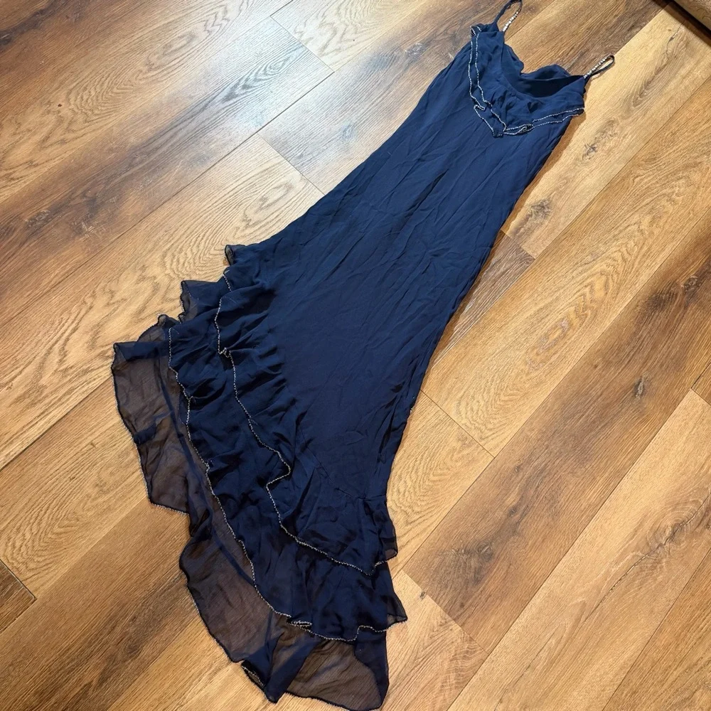 Vintage Y2K 100% Silk Beaded Dress Blue Floral Beaded Fairy Ruffle Prom Dress - Picture 11 of 16